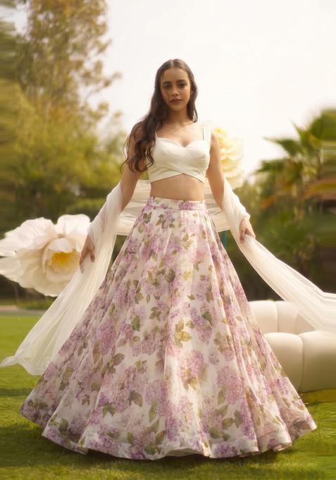 White Printed Silk Lehenga Set