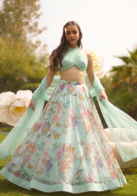 Mint Green Printed Silk Lehenga Set