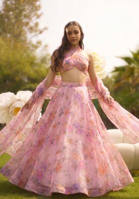 Pastel Pink Printed Silk Blend Lehenga Set