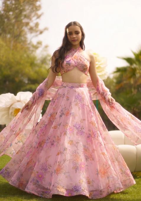 Pastel Pink Printed Silk Lehenga Set