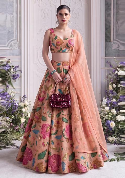 Peach Embroidered Organza Lehenga Set