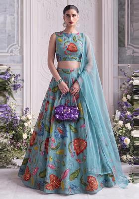 Turquoise Blue Embroidered Organza Lehenga Set