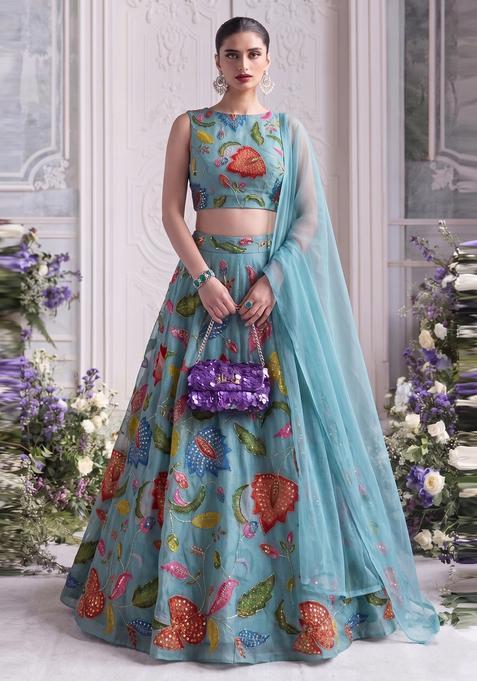 Turquoise Blue Embroidered Organza Lehenga Set