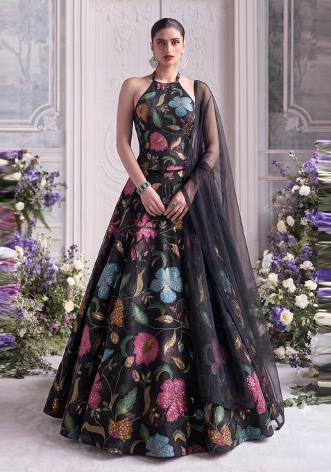 Black Embroidered Organza Lehenga Set