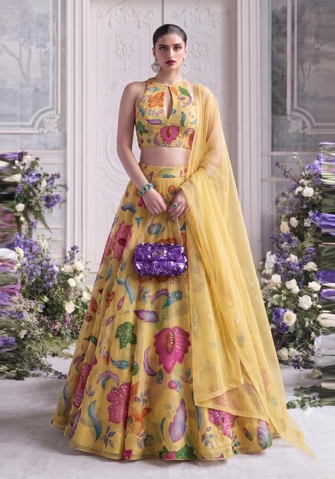 Yellow Embroidered Organza Lehenga Set