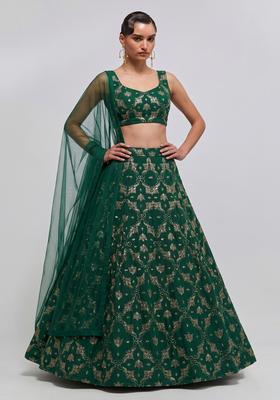Emerald Green Embroidered Georgette Lehenga Set