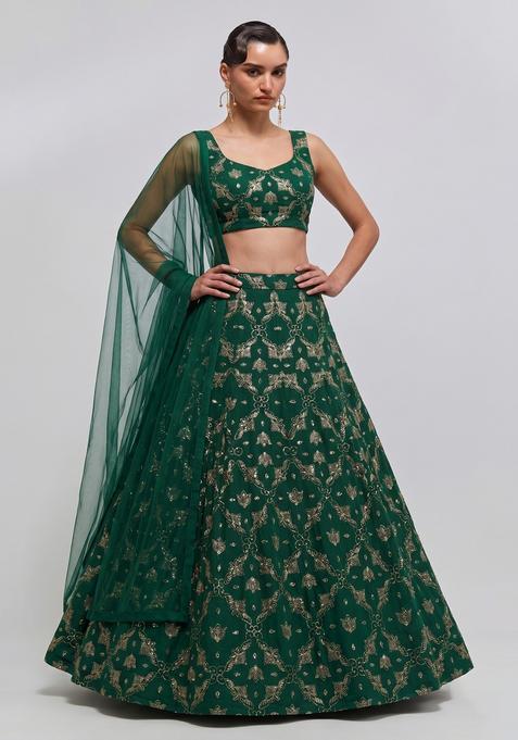 Emerald Green Embroidered Georgette Lehenga Set