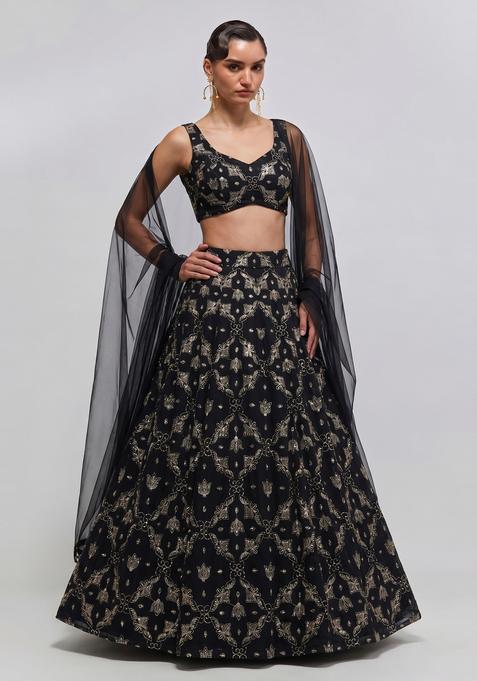 Black Embroidered Georgette Lehenga Set