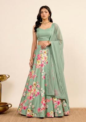 Pastel Green Printed Crepe Lehenga Set