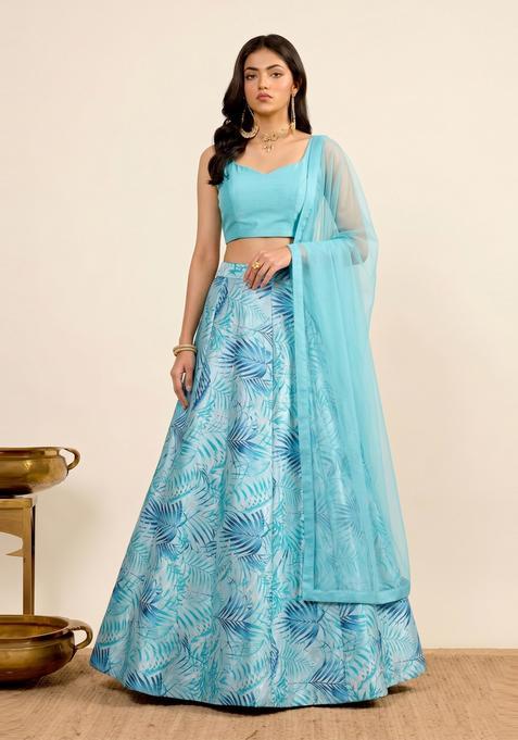 Turquoise Blue Printed Crepe Lehenga Set