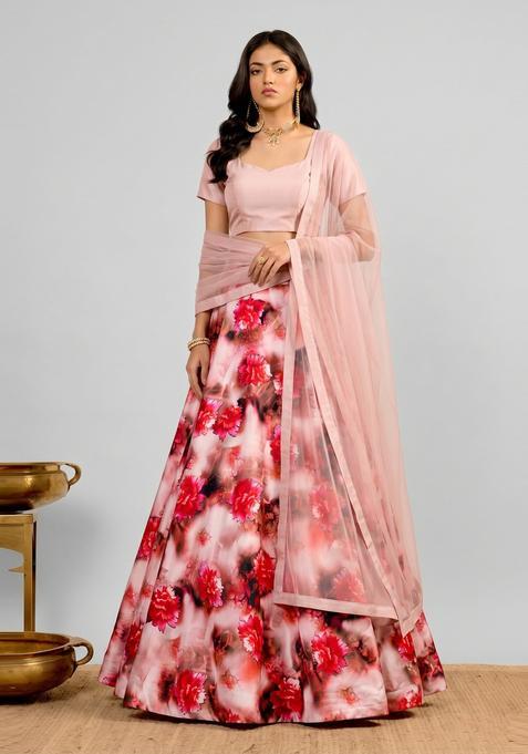 Blush Pink Printed Crepe Lehenga Set