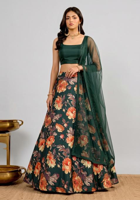 Bottle Green Printed Crepe Lehenga Set