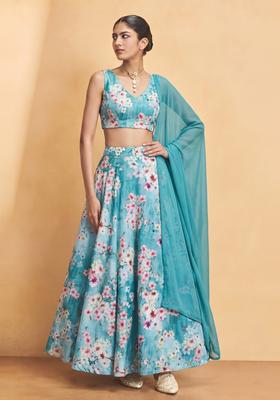Turquoise Blue Printed Crepe Lehenga Set