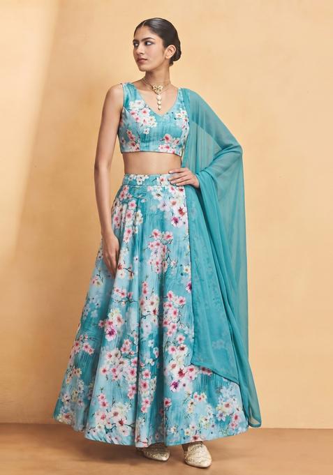 Turquoise Blue Printed Crepe Lehenga Set