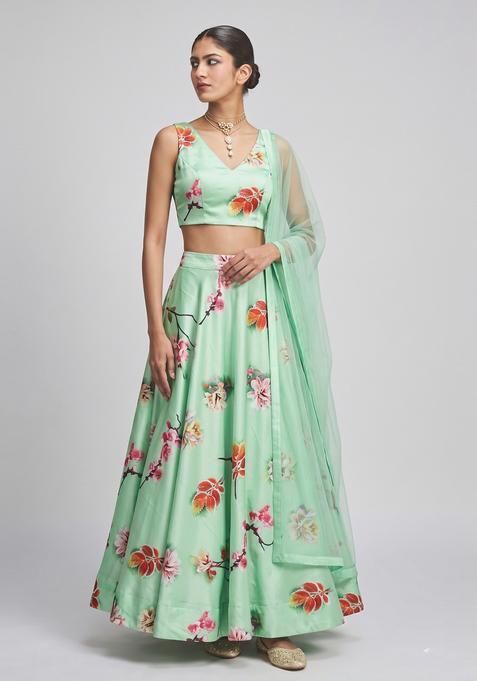 Mint Green Printed Crepe Lehenga Set