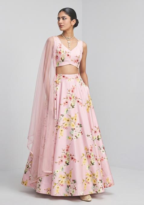Pastel Pink Printed Satin Lehenga Set