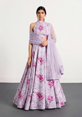 Lavender Printed Crepe Lehenga Set