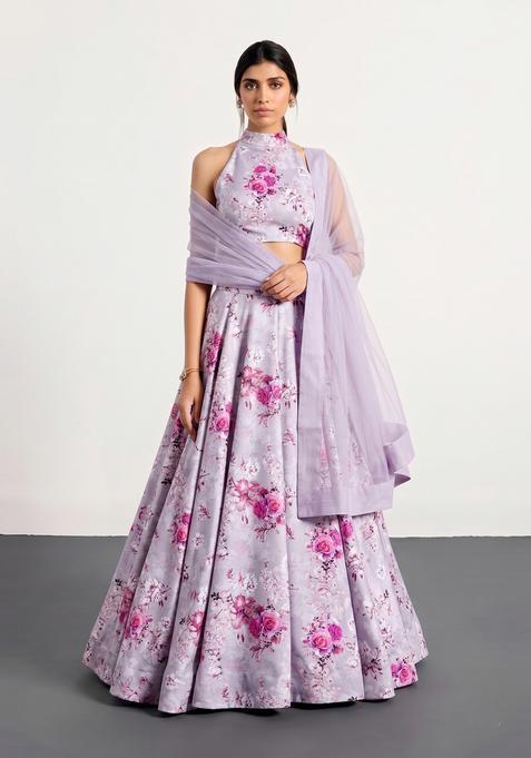 Lavender Printed Crepe Lehenga Set