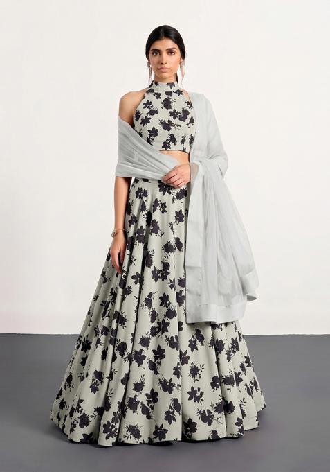 Sage Grey Printed Crepe Lehenga Set