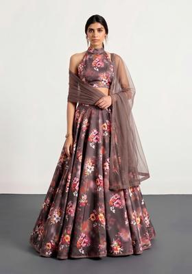 Coffee Brown Printed Crepe Lehenga Set