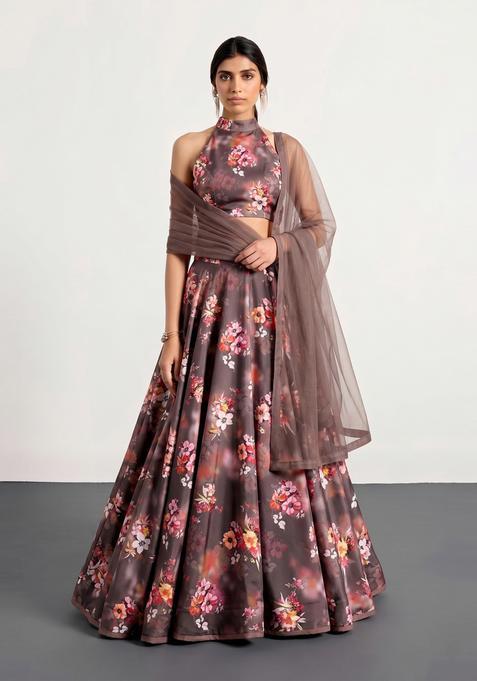 Coffee Brown Printed Crepe Lehenga Set