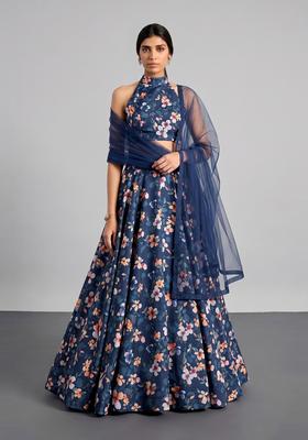 Navy Blue Printed Muslin Lehenga Set