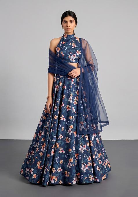 Navy Blue Printed Muslin Lehenga Set