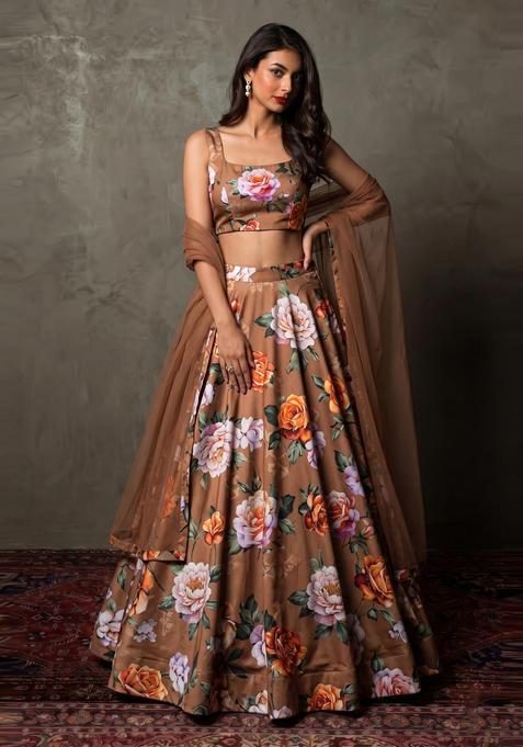Chocolate Brown Printed Crepe Lehenga Set