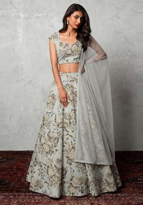 Sage Grey Printed Crepe Lehenga Set