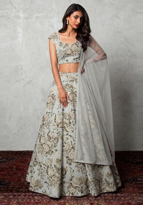 Sage Grey Printed Crepe Lehenga Set