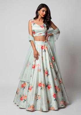 Mint Green Printed Crepe Lehenga Set
