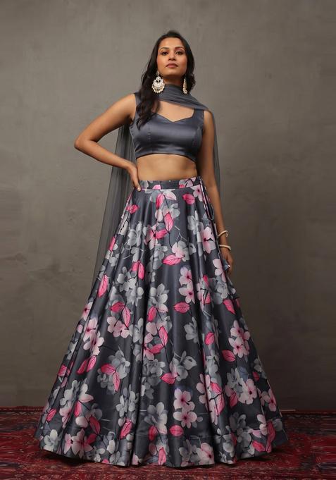Grey Printed Crepe Lehenga Set