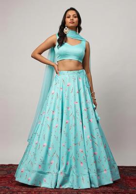 Turquoise Blue Printed Crepe Lehenga Set