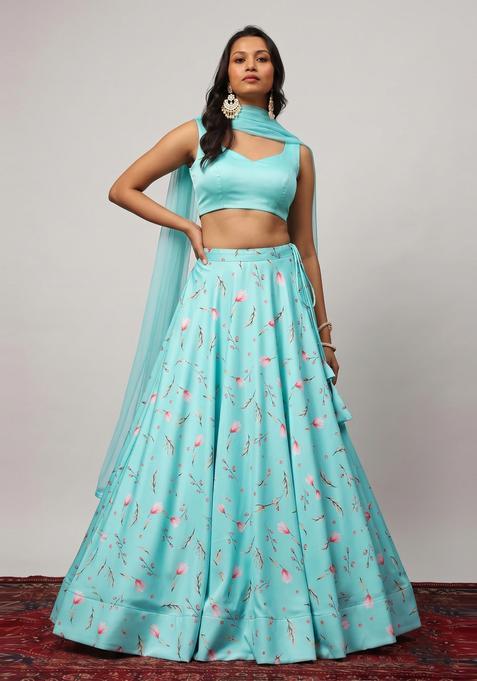 Turquoise Blue Printed Crepe Lehenga Set