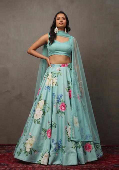 Pastel Blue Printed Crepe Lehenga Set
