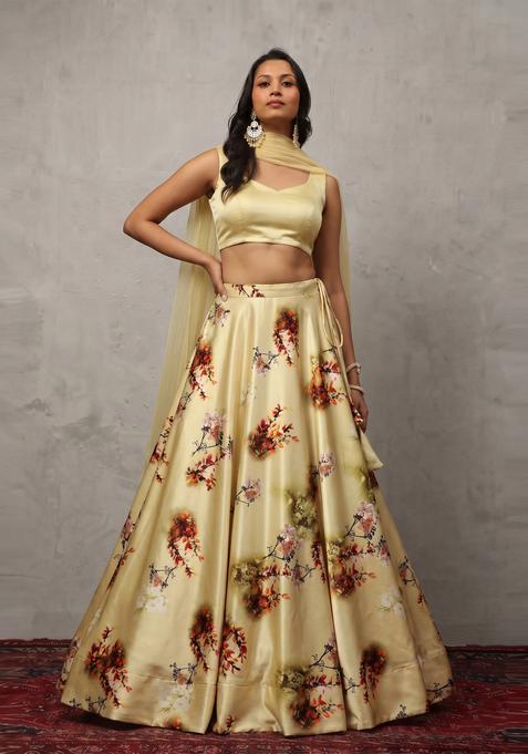 Gold Printed Crepe Lehenga Set