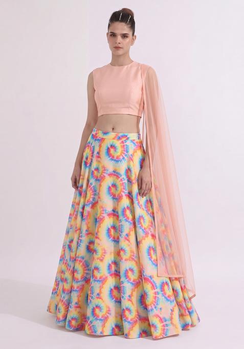 Pink Printed Crepe Lehenga Set