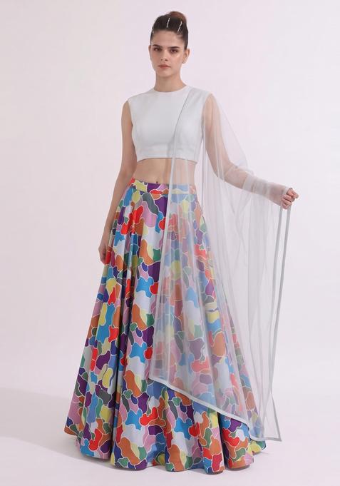 Multicolor Printed Crepe Lehenga Set