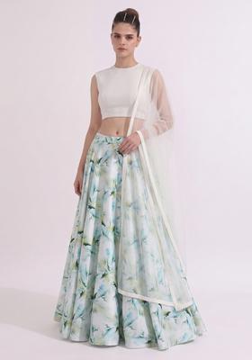 White Printed Crepe Lehenga Set