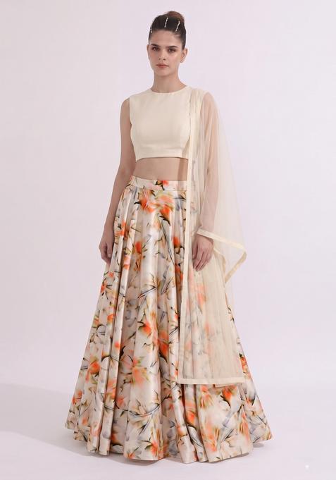 Cream Printed Crepe Lehenga Set