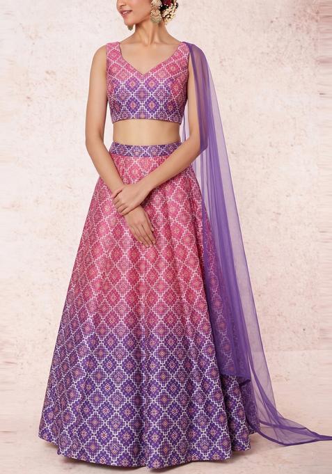 Multicolor Printed Silk Lehenga Set