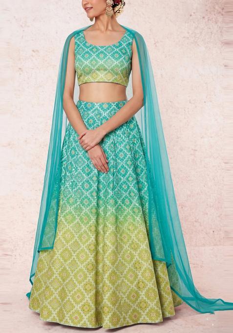 Multicolor Printed Silk Lehenga Set