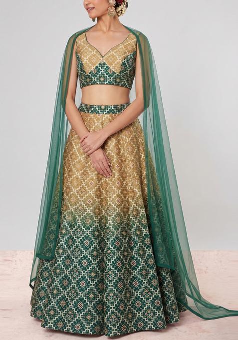 Multicolor Printed Silk Lehenga Set