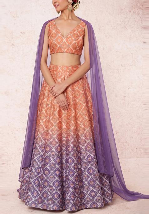 Multicolor Printed Silk Lehenga Set