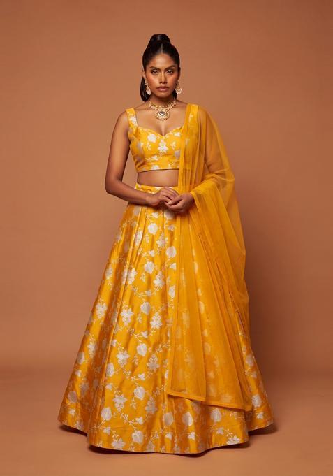 Mustard Embroidered Silk Lehenga Set