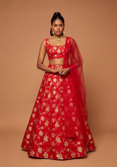 Bright Red Embroidered Silk Lehenga Set