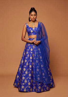 Royal Blue Embroidered Silk Blend Lehenga Set