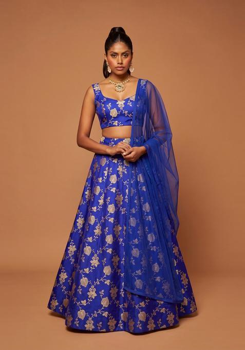 Royal Blue Embroidered Silk Lehenga Set