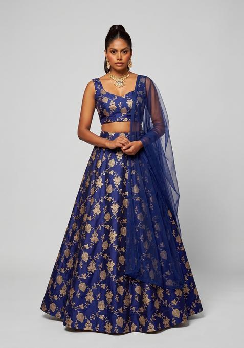 Navy Blue Embroidered Silk Lehenga Set