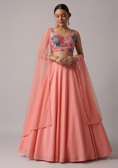 Peach Embroidered Organza Lehenga Set